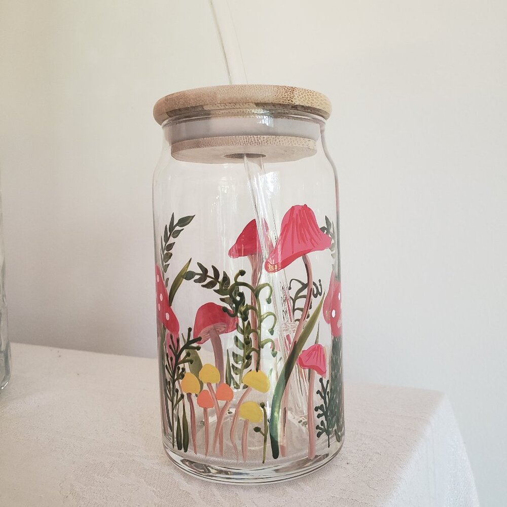 Glass Tumbler Drinking Glass with Glass Straw Nature Cottagecore Mushrooms